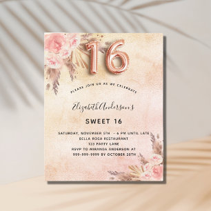 Papier Budget Sweet 16 pampas herbe rose invitation or