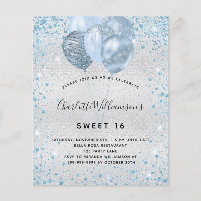 Papier Budget Sweet 16 parties scintillant bleu argent in (Devant)