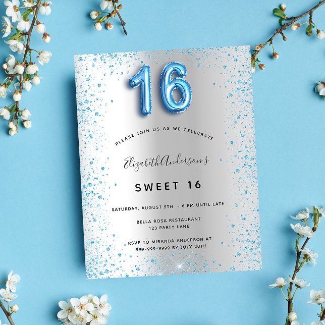 Papier Budget Sweet 16 parties scintillant bleu argent in (Créateur téléchargé)