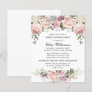 Papier Budget Sweet 16 Party Blush rose Floral Invitation