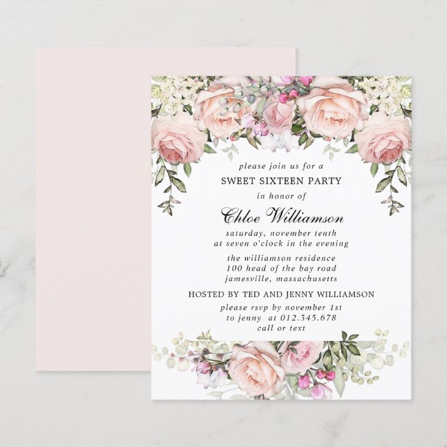 Papier Budget Sweet 16 Party Blush rose Floral Invitation (Devant / Derrière)