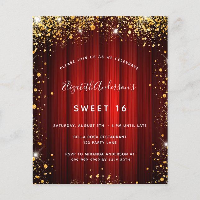 Papier Budget Sweet 16 red or film d'or invitation (Devant)