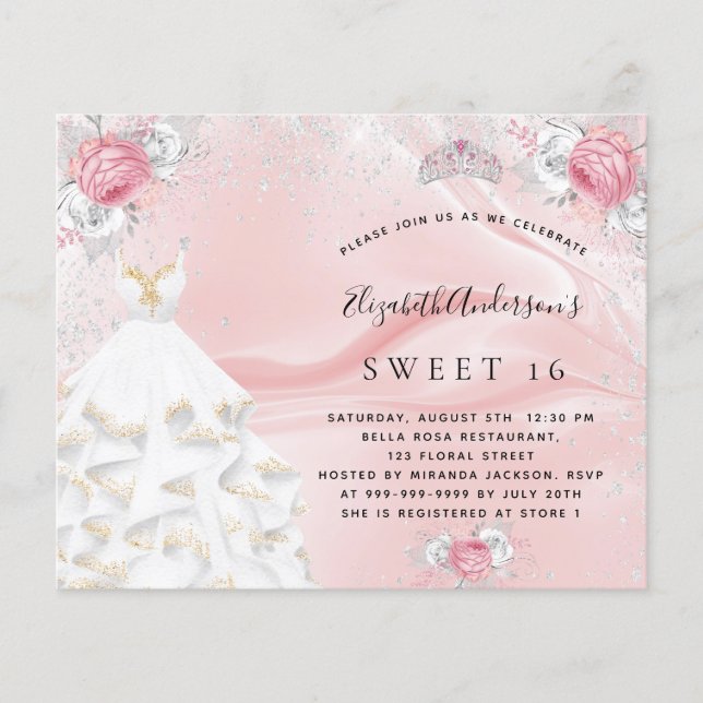 Papier Budget Sweet 16 robe rose pâle invitation tiara (Devant)