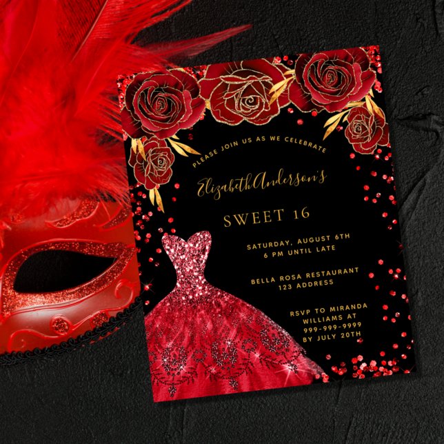 Papier Budget Sweet 16 robe rouge noire invitation (Créateur téléchargé)