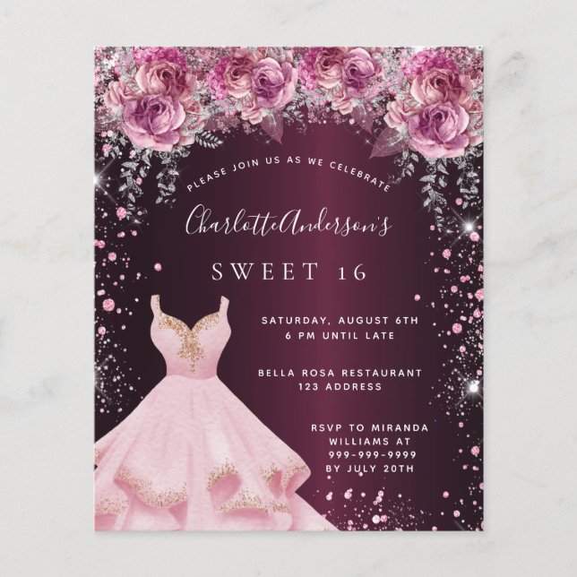 Papier Budget Sweet 16 rose bordeaux parties scintillant  (Devant)
