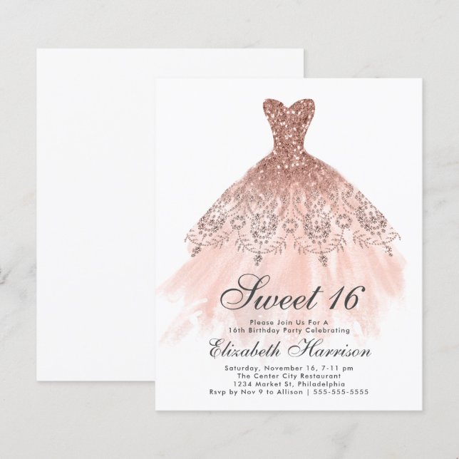 Papier Budget Sweet 16 Rose Gold Gown fête d'anniversaire (Devant / Derrière)