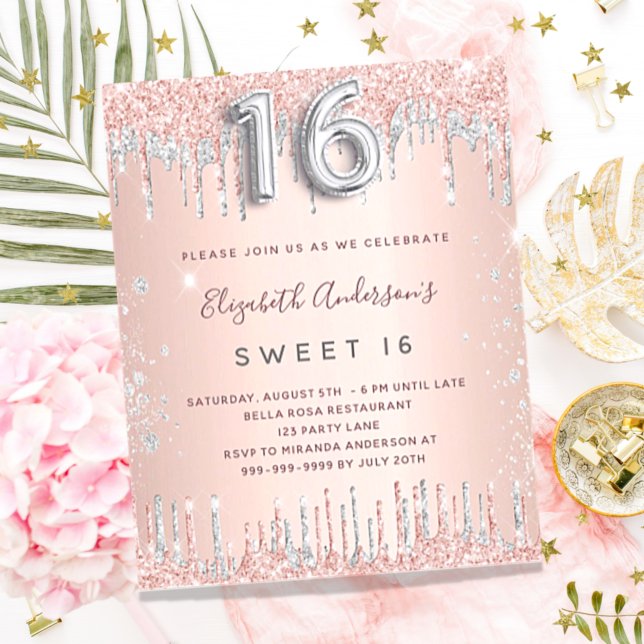 Papier Budget Sweet 16 rose or argent invitation (Créateur téléchargé)