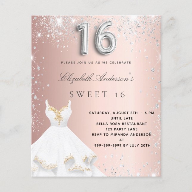 Papier Budget Sweet 16 rose or argent robe parties scinti (Devant)