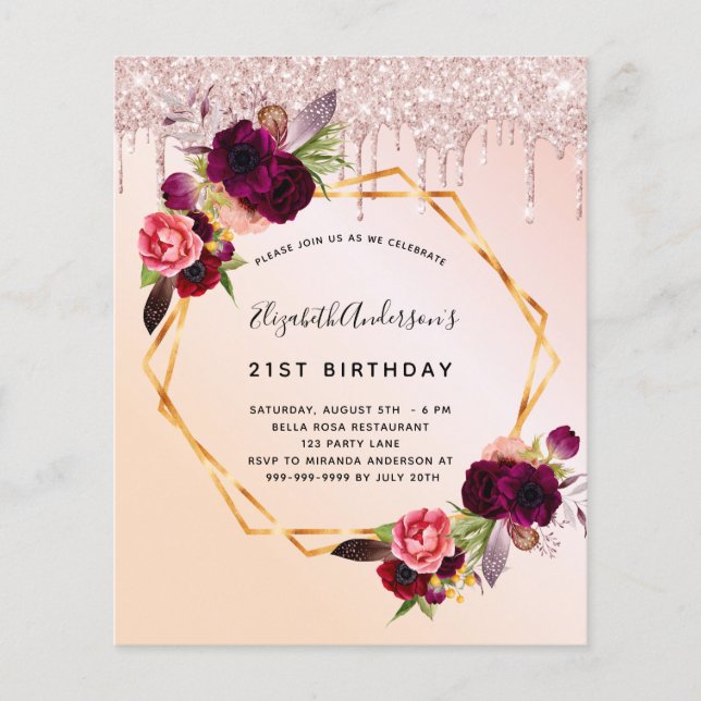 Papier Budget Sweet 16 rose or parties scintillant floral (Devant)