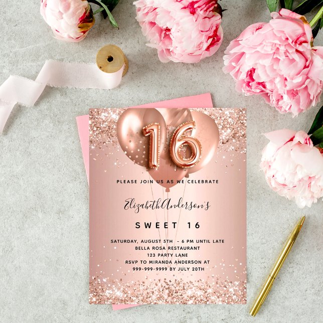 Papier Budget Sweet 16 roses invitation ballons d'or (Créateur téléchargé)