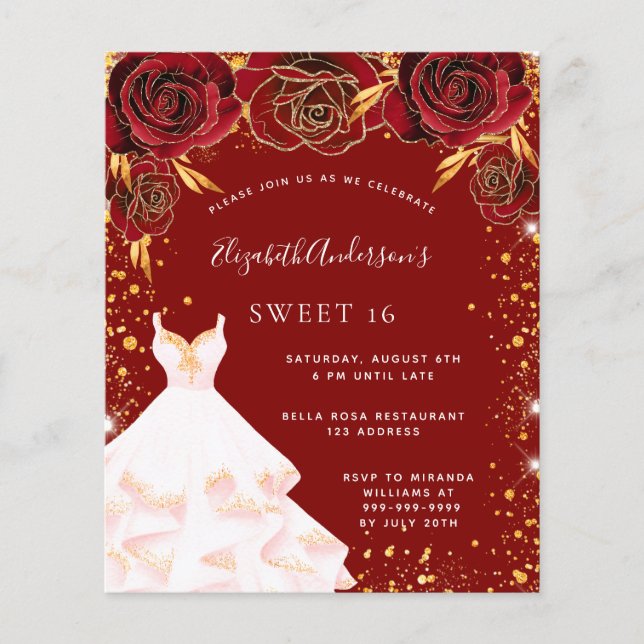 Papier Budget Sweet 16 rouge or blanc robe invitation (Devant)