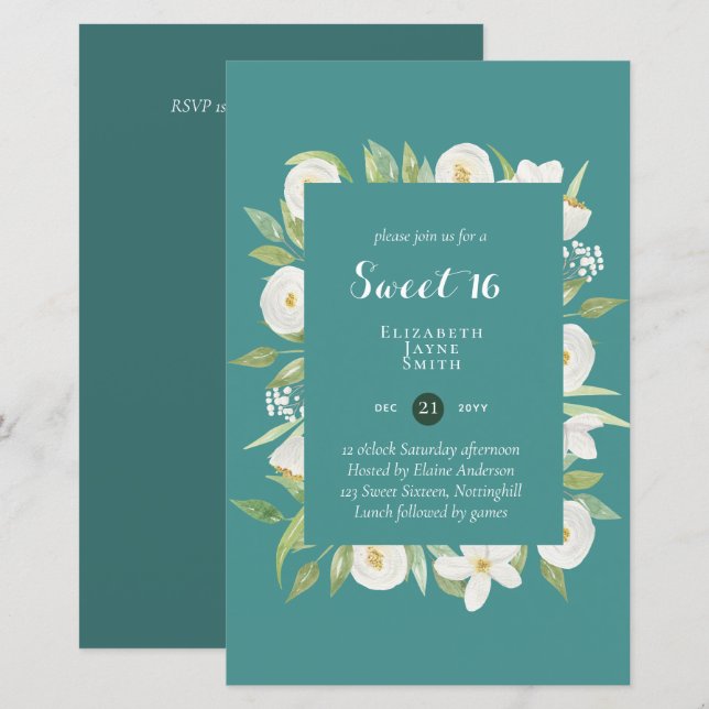 Papier BUDGET Sweet 16, seizième anniversaire Floral Invi (Devant / Derrière)