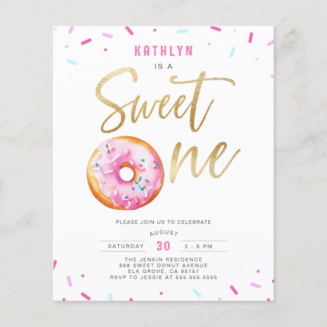 Papier Budget Sweet One Rose Gold Donut Anniversaire Invi (Devant)