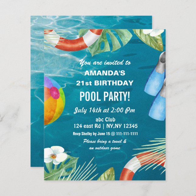 Papier Budget Swimming Pool Party Birthday Invitation (Devant / Derrière)
