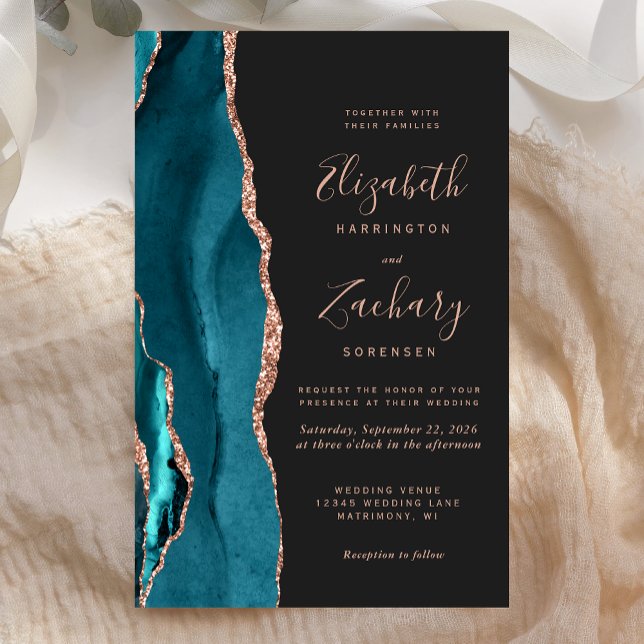 Papier Budget Teal Rose Gold Agate Dark Wedding Invite (Créateur téléchargé)