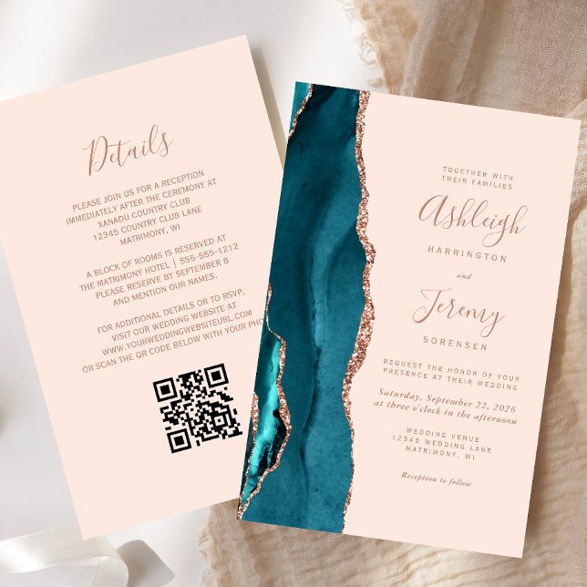 Papier Budget Teal Rose Gold Blush QR Code Wedding Invite (Créateur téléchargé)