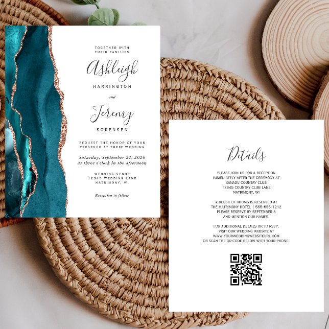 Papier Budget Teal Rose Gold QR Code Wedding Invitation (Créateur téléchargé)