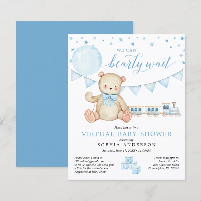 Papier Budget Teddy Bear Invitation Baby shower virtuel (Devant / Derrière)