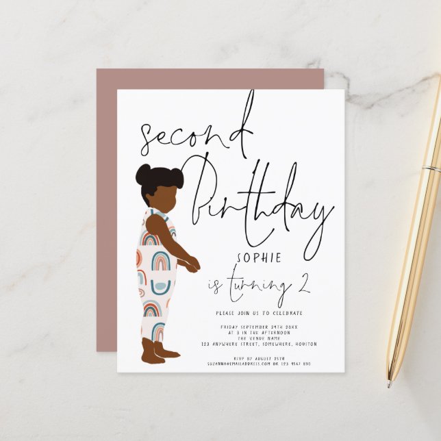 Papier Budget tendance Script Girl 2e invitation annivers (Devant/Arrière en situation)