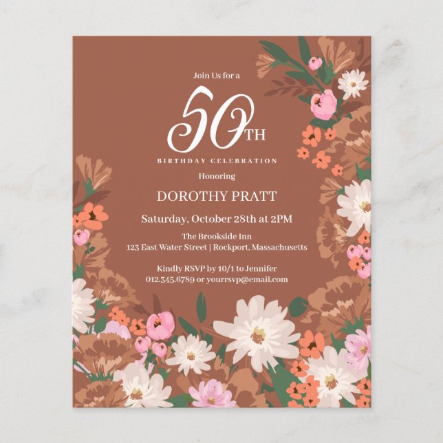 Papier Budget Terracotta Floral 50e Anniversaire Invitati (Devant)