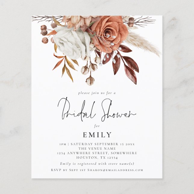 Papier Budget Terracotta Florals Fête des mariées Invitat (Devant)