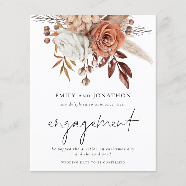 Papier Budget Terracotta Florals Fiançailles Faire-part (Devant)