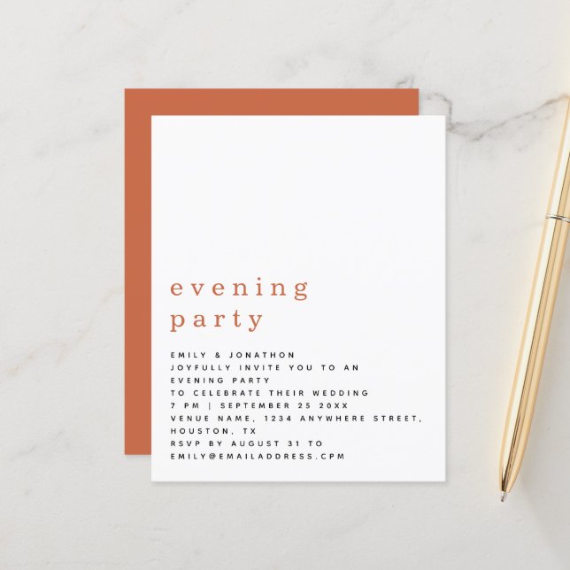Papier BUDGET Terracotta Mariage Soirée Invitation (Devant/Arrière en situation)