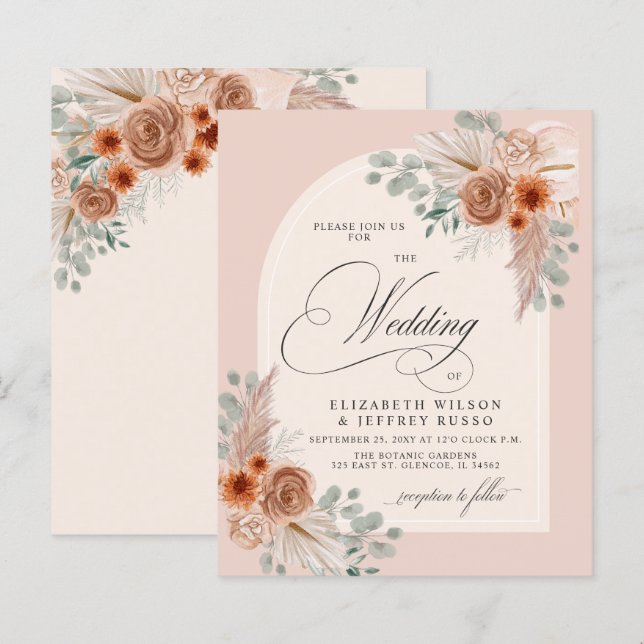Papier Budget Terracotta Pampas Faire-part de mariage (Devant / Derrière)