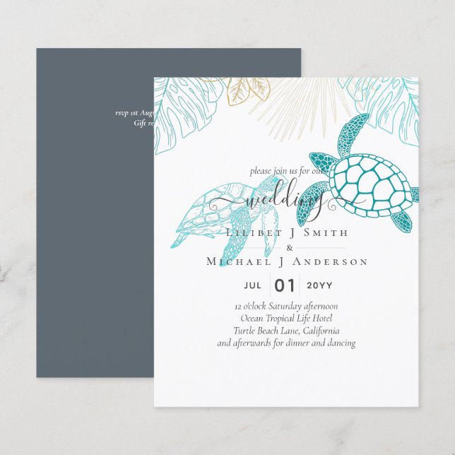 Papier BUDGET  Tortues de Mer Mariage Ligne d'Art Moderne (Devant / Derrière)