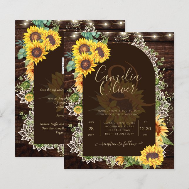 Papier BUDGET Tournesols Lumières Dentelle Mariage INVITA (Devant / Derrière)