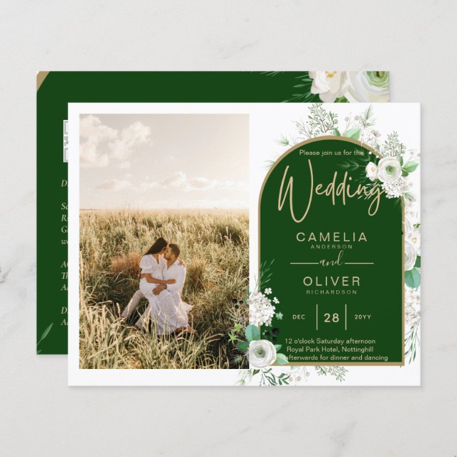 Papier Budget Tout-en-1 Roses blanches Mariage vert Code  (Devant / Derrière)