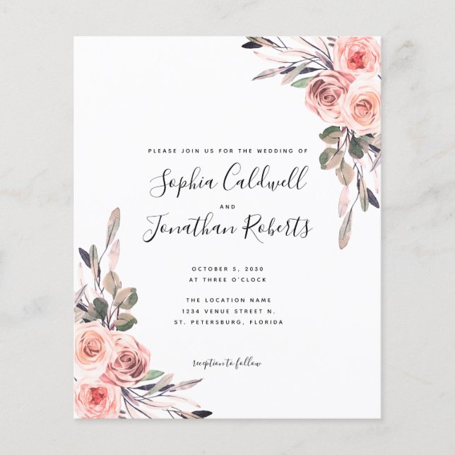 Papier Budget Tout en un Blush rose Roses Mariage Inviter (Devant)