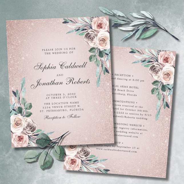 Papier Budget tout en un Boho rose Roses Mariage Invitati (Budget Double Sided Wedding Invitation Boho Blush 
 Pink Roses Glitter Ombre)