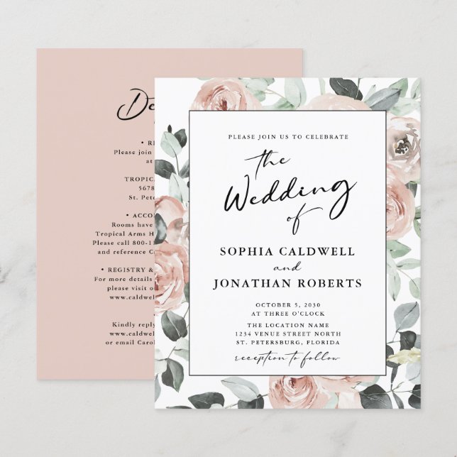 Papier Budget Tout en un Calligraphie Roses Mariage Invit (Devant / Derrière)