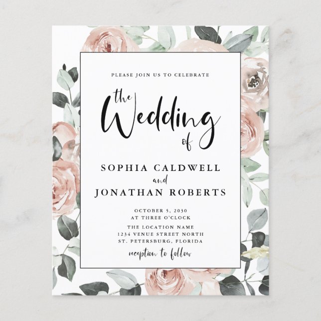 Papier Budget Tout en un Calligraphie Roses Mariage Invit (Devant)