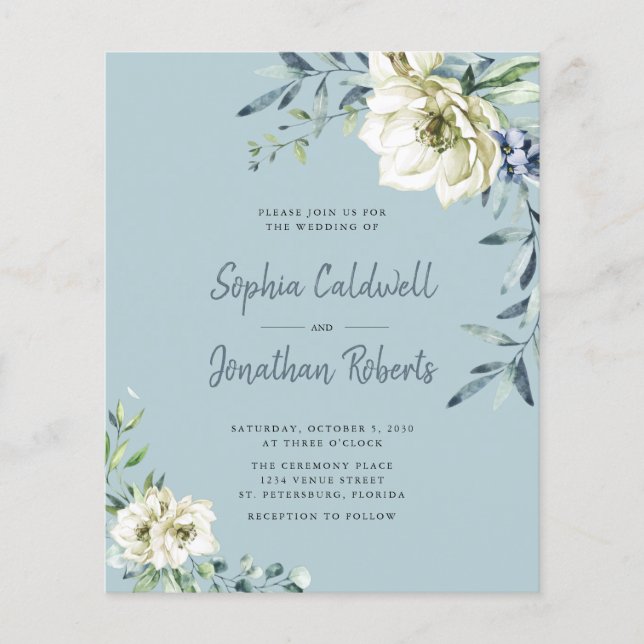 Papier Budget tout en un Dusty Blue Floral Mariage Invite (Devant)