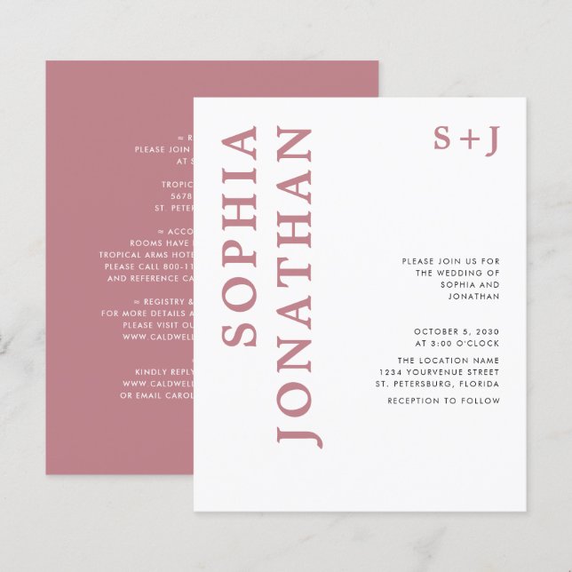 Papier Budget tout en un Dusty Rose Faire-part de mariage (Devant / Derrière)