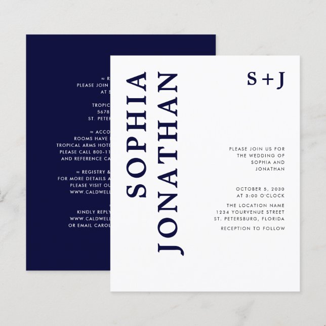 Papier Budget tout en un Faire-part de mariage bleu marin (Devant / Derrière)