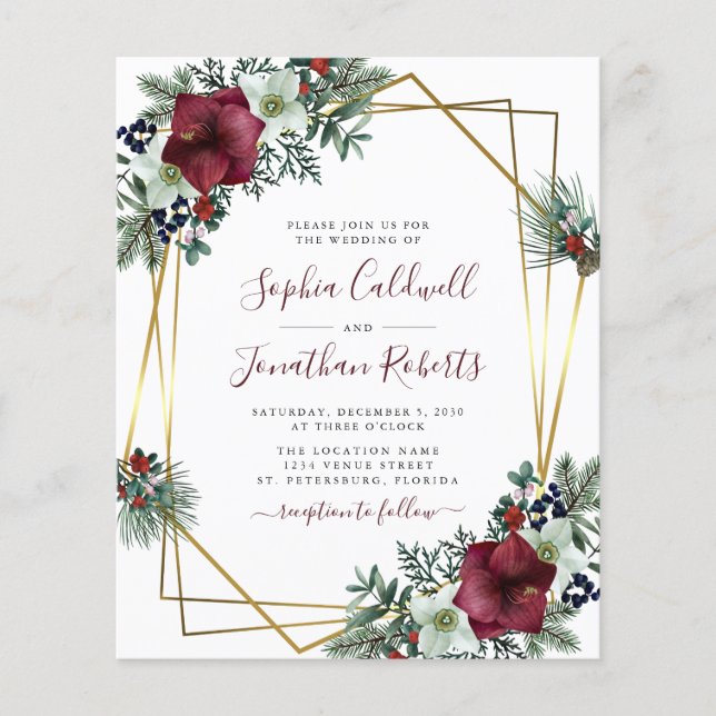 Papier Budget Tout en un Mariage Floral Bourgogne Inviter (Devant)