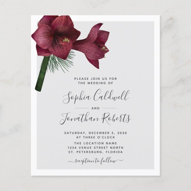 Papier Budget Tout en un Mariage Floral Bourgogne Inviter (Devant)