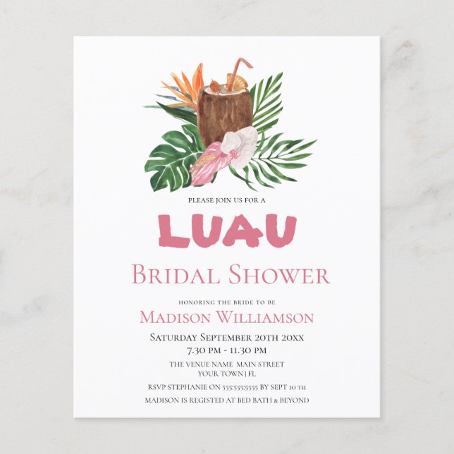 Papier Budget Tropical Cocktail Luau Fête des mariées (Devant)