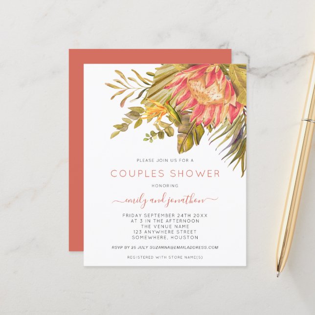 Papier Budget Tropical Foliage Couples Douche Invitation (Devant/Arrière en situation)