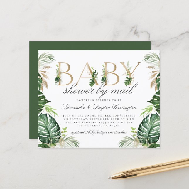 Papier Budget Tropical Green Baby shower Or par la poste (Devant/Arrière en situation)