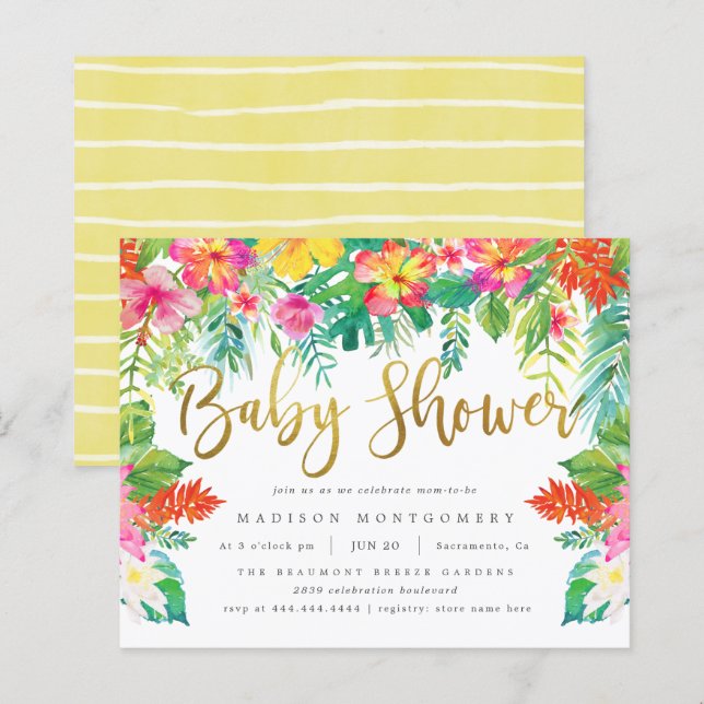 Papier Budget Tropical Hibiscus Foliage Baby shower Or (Devant / Derrière)