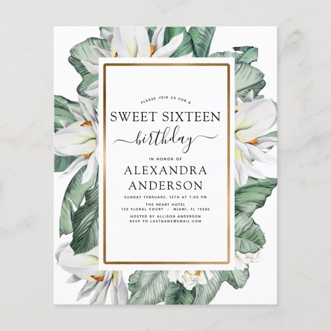 Papier Budget tropical Magnolia Sweet 16 Invitation (Devant)