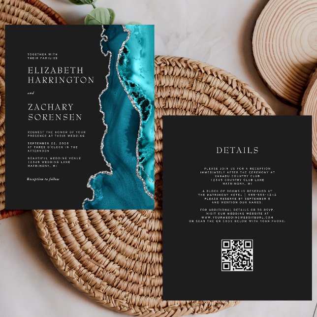 Papier Budget Turquoise Agate Argent QR Code Mariage Invi (Créateur téléchargé)