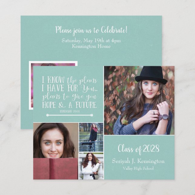 Papier Budget Turquoise Christian Verse Graduation Photo (Devant / Derrière)
