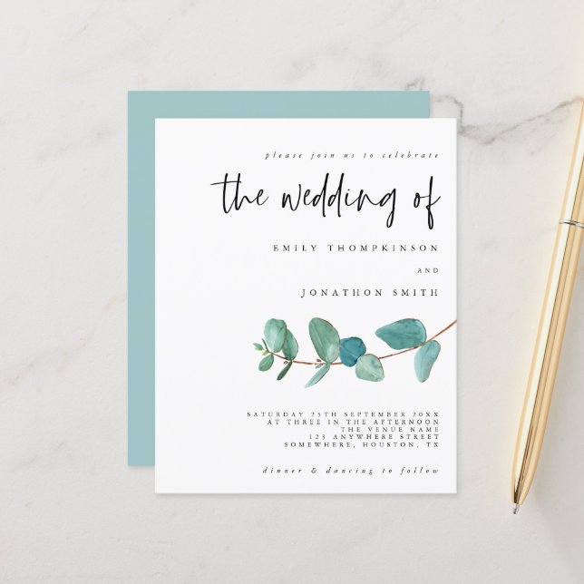 Papier Budget Turquoise Eucalyptus Faire-part de mariage  (Devant/Arrière en situation)