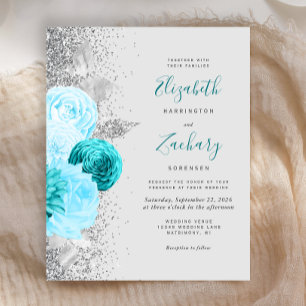 Papier Budget Turquoise Floral Argent Pailleté Mariage