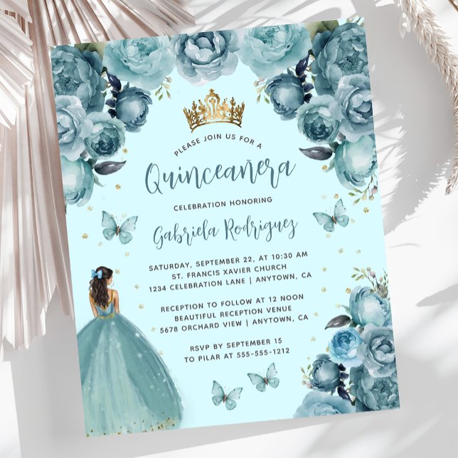 Papier Budget Turquoise Floral Princess Quinceañera (Créateur téléchargé)